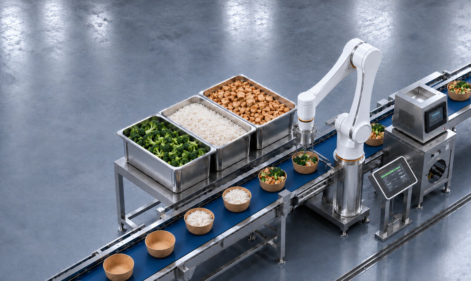 Robotic arm portioning prepared meals on a food production line